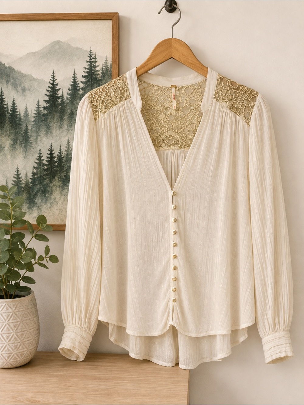 Free People Cream Lace Boho Button Blouse